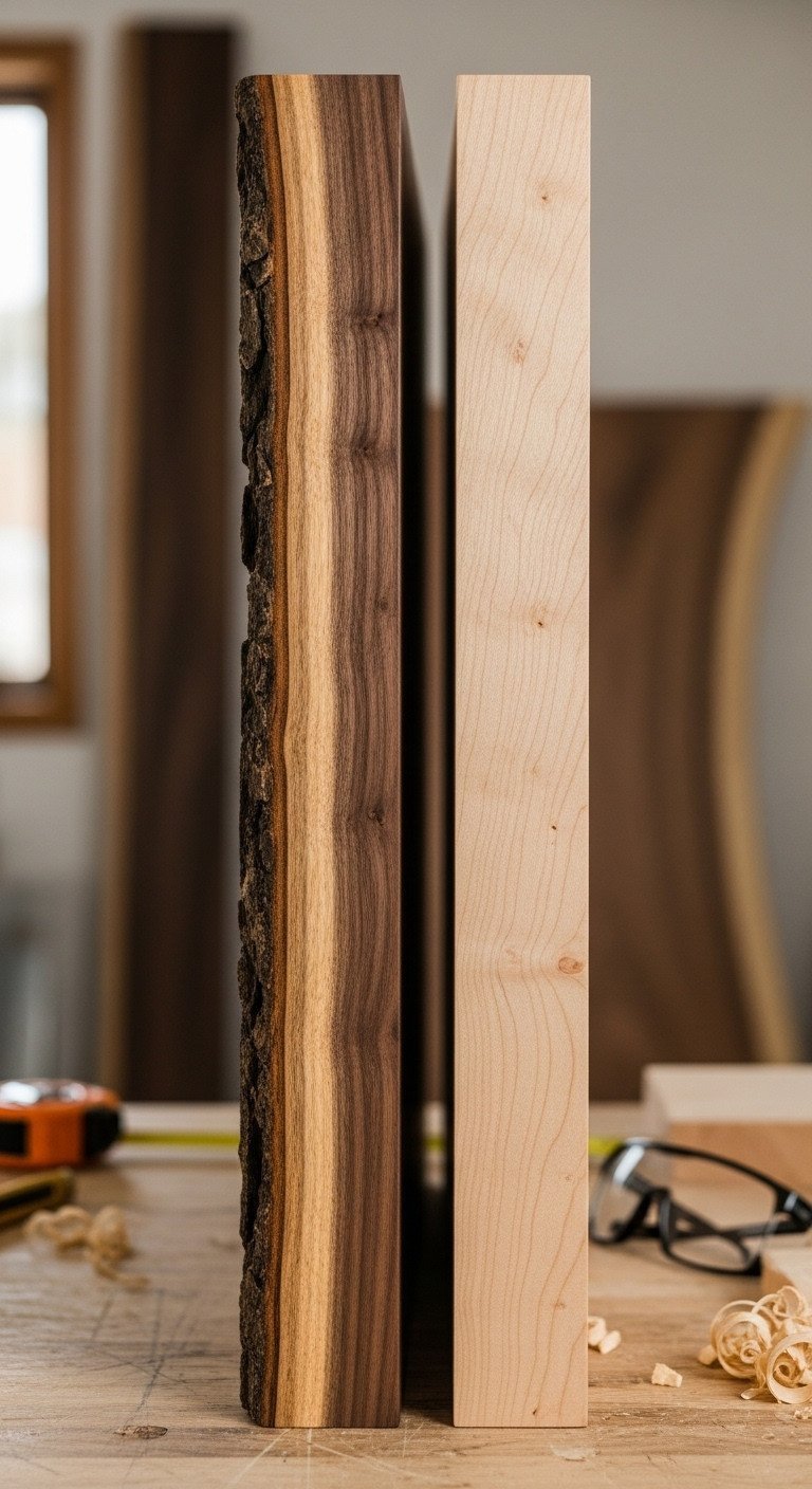 Hyperrealistic close-up of live edge walnut and maple wood slabs, highlighting natural grain and thick edges on a workbench.
