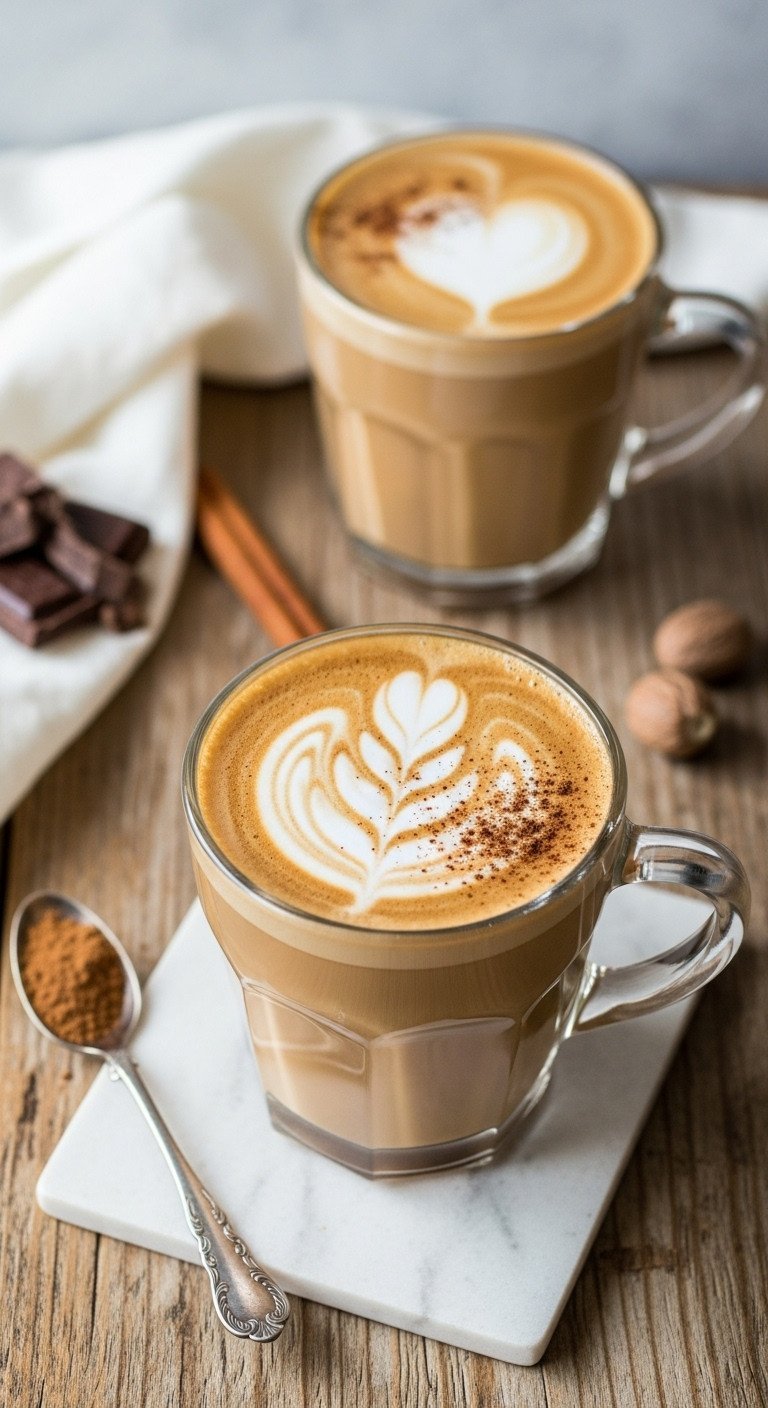 Hyperrealistic gingerbread latte art in a clear glass mug with a pine tree design, dusted cinnamon, on a rustic table.