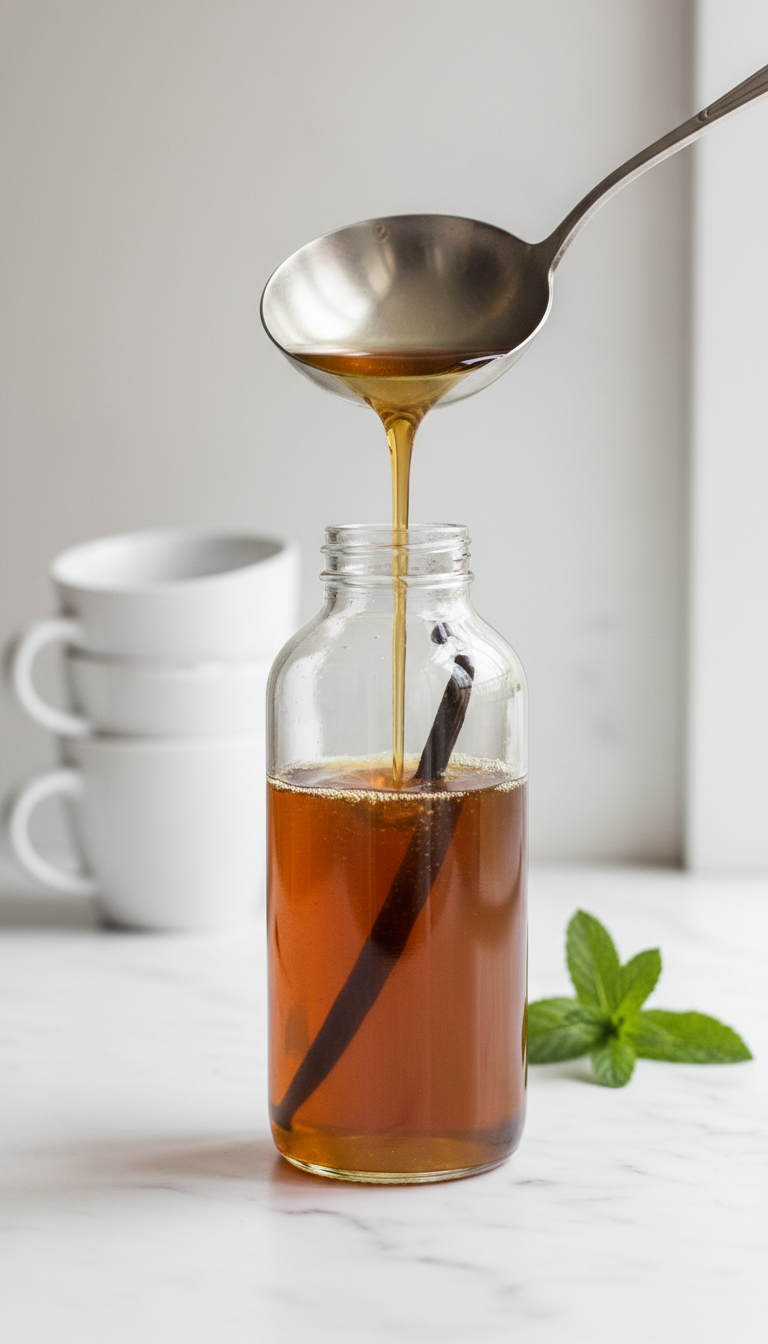 Hyperrealistic golden vanilla coffee syrup pouring into a glass bottle with a visible vanilla bean on a marble counter. Cozy kitchen.
