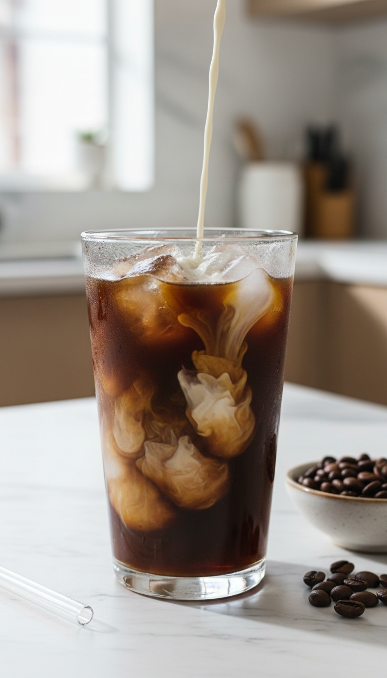 Hyperrealistic iced coffee with white cream swirl, large ice cubes, dark brew on marble, blurred kitchen. Pinterest style, fresh and clean.