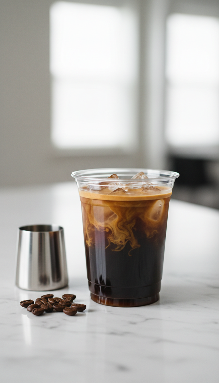 Dunkin Iced Coffee Espresso: Master Your Custom Order 1 Hyperrealistic iced espresso with two dark shots, crema, and chunky ice in a clear cup on a marble counter, with espresso beans.