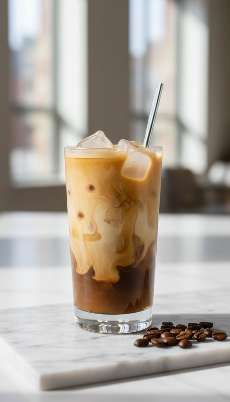 Hyperrealistic iced vanilla oat milk coffee in a clear glass on marble, with spoon and coffee beans. Layered, creamy texture.