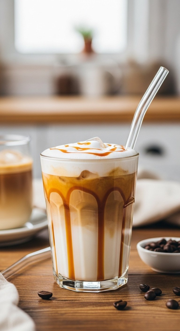 Iced Blondie coffee, layered with espresso, creamy milk, caramel drizzle in glass. Rustic wood table, soft natural light, blurred kitchen.