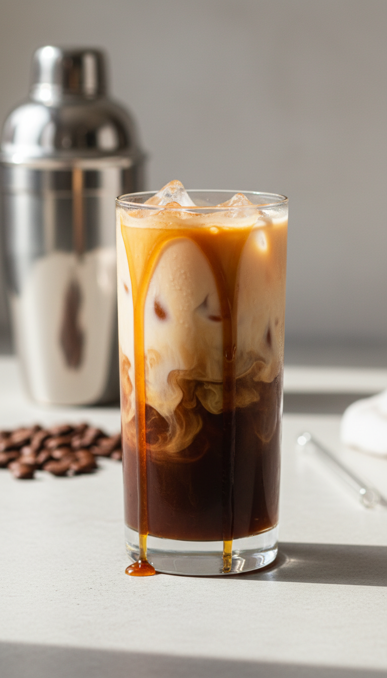 Iced Brown Sugar Shaken Espresso with oatmilk, espresso, ice, and syrup drizzle in a tall glass.