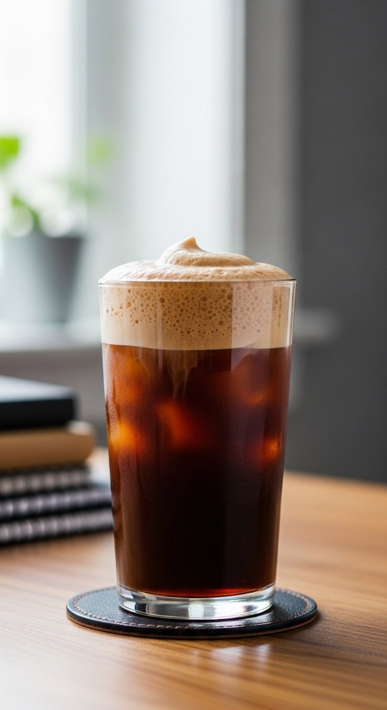 Iced Irish cream coffee, dark espresso, light cold foam in clear tumbler. Wood surface, soft natural light, home office background.