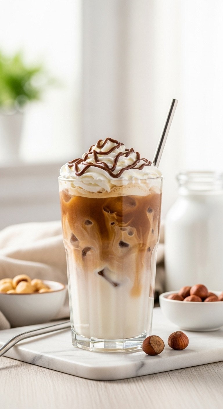 The Simple Trick For A Perfectly Creamy Nutella Latte 5 Iced Nutella latte in a tall glass with layers of coffee and milk, topped with whipped cream and a Nutella drizzle.