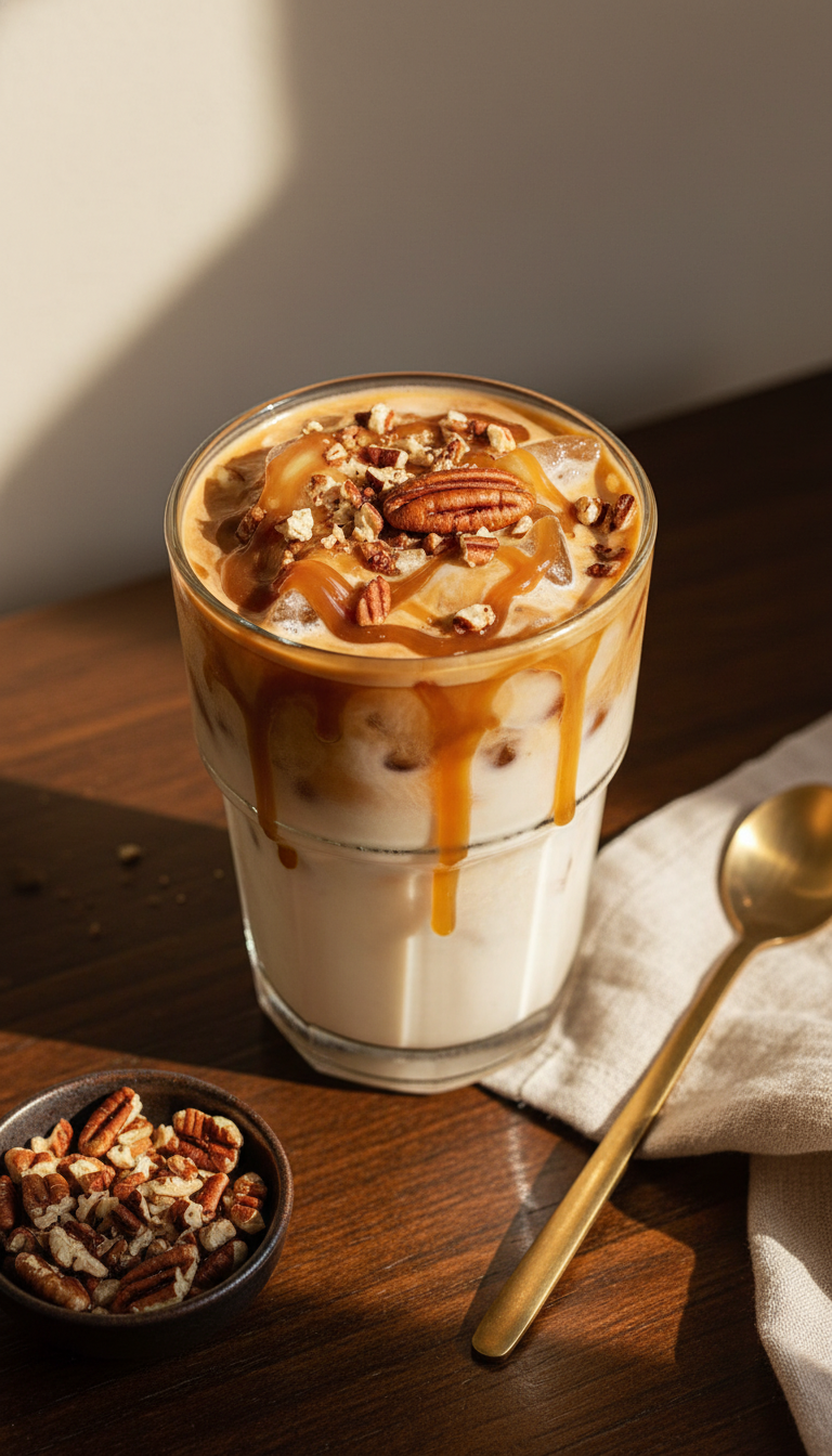 Iced Turtle Signature Latte with espresso, milk, mocha, caramel swirls, drizzle, pecans on dark wood table. Decadent coffee.