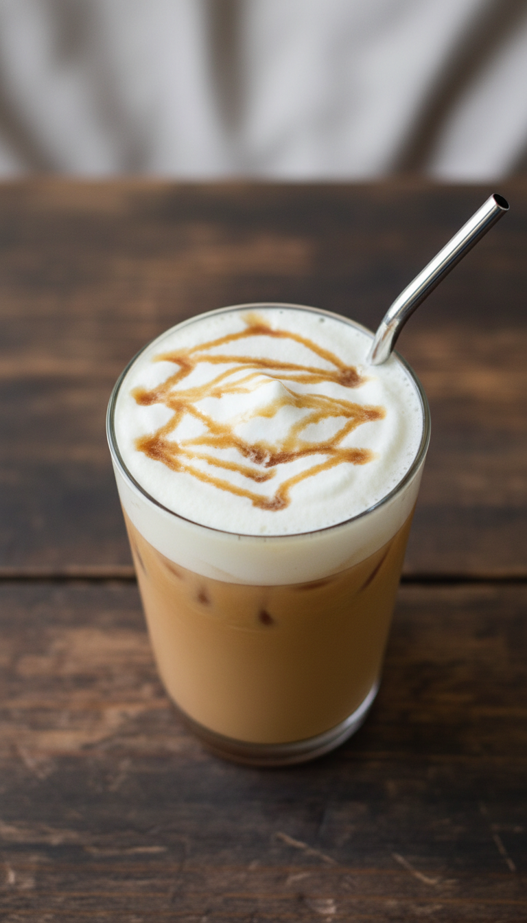 Iced chai latte with vanilla cold foam and caramel drizzle. Luxurious drink with silver straw on a dark wood surface.