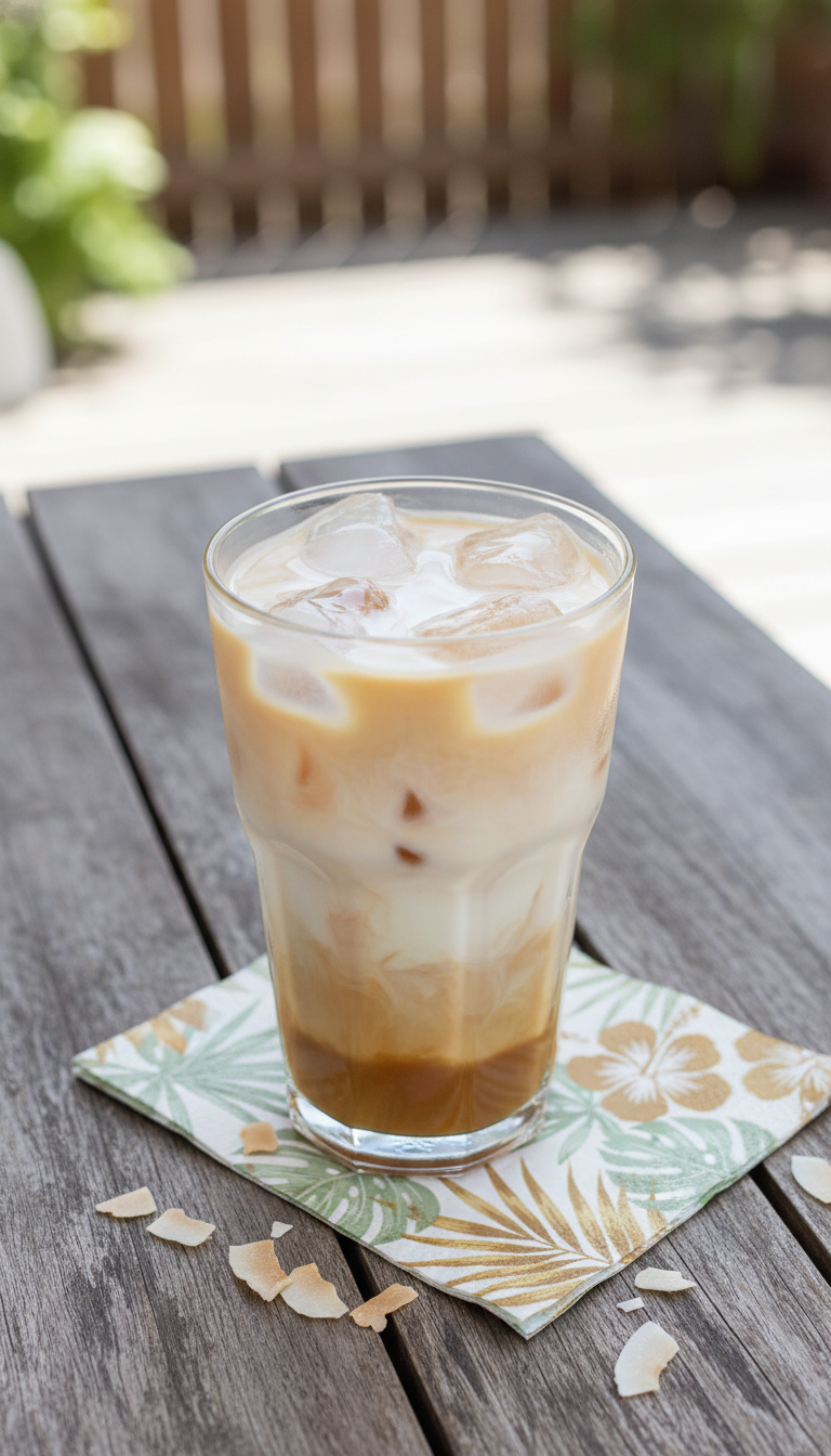 Iced coconut milk coffee with caramel, ice, coconut flakes, tropical napkin on rustic wood table, outdoor setting. Fresh.