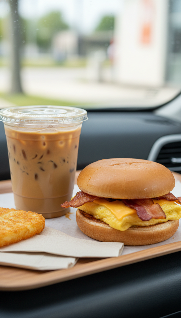 Iced coffee, bacon egg cheese sandwich, hash browns on wooden tray. Bright morning breakfast combo, drive-thru scene.