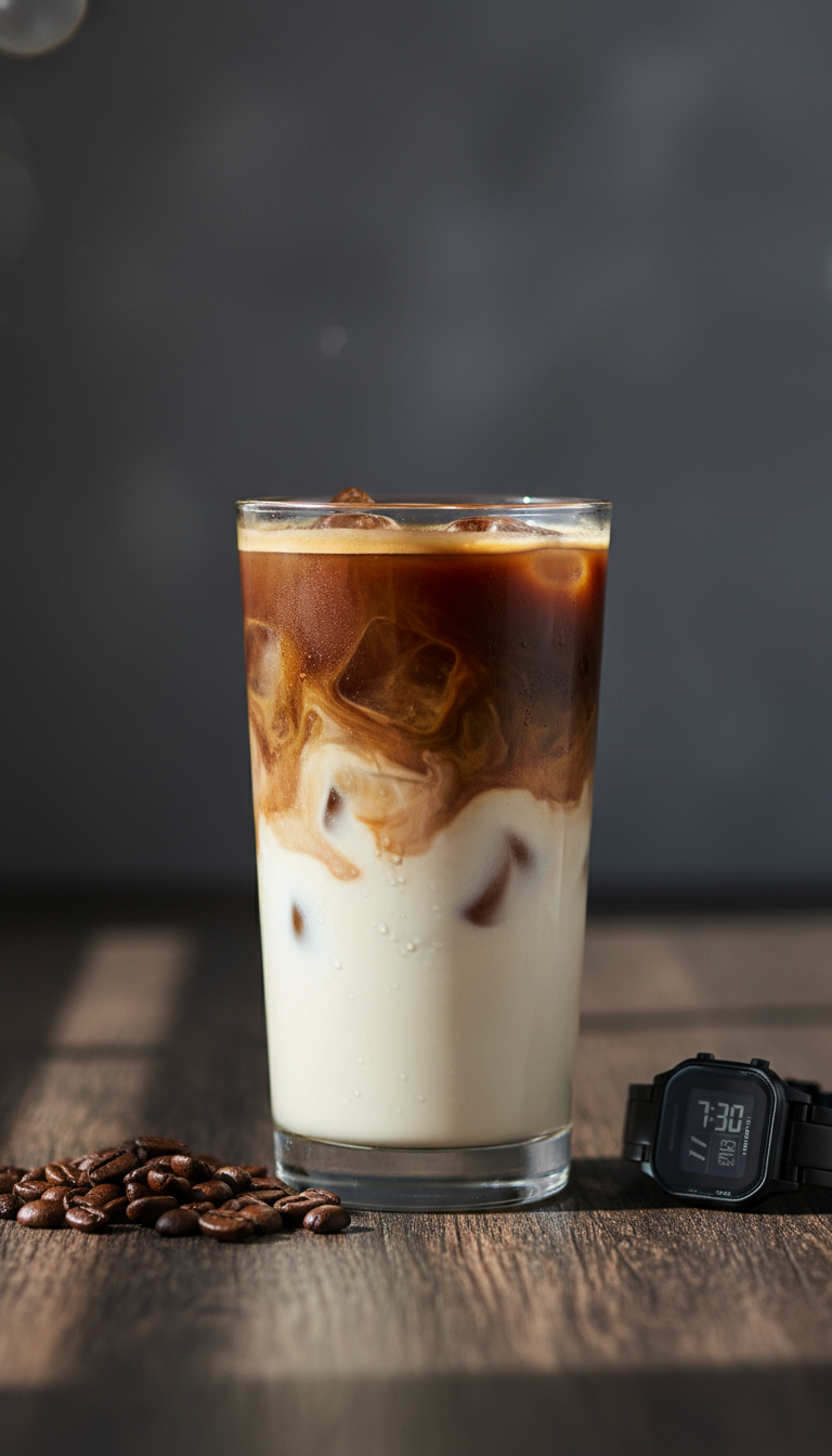 Iced coffee close-up: espresso shots, oat milk blending, ice. Dark wood table, coffee beans, digital watch. Energetic, deep brown & cream.