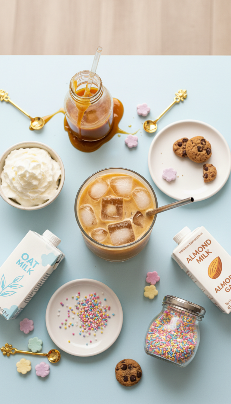 Iced coffee customization: whipped cream, caramel, oat & almond milk, sprinkles, spoons on blue table. DIY coffee.