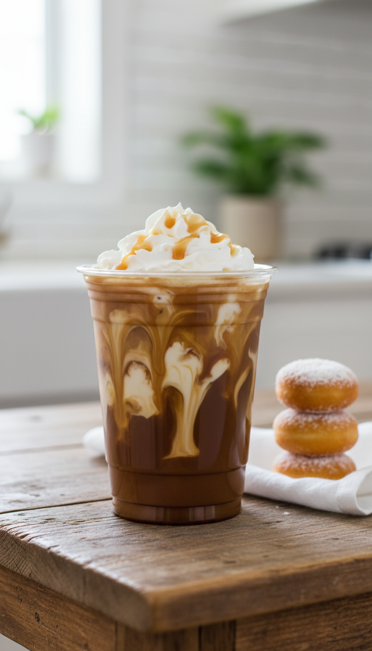 Iced coffee in clear cup with caramel and vanilla swirls, whipped cream, donut holes on rustic table. Bright, customized coffee.