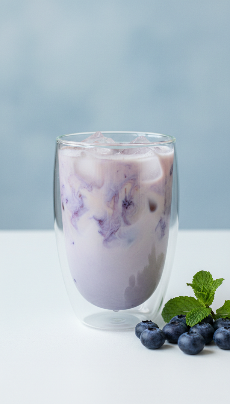 Iced coffee, purple blueberry swirl, creamy oat milk, ice in double-walled glass. White table, blueberries, mint. Cool blue aesthetic.