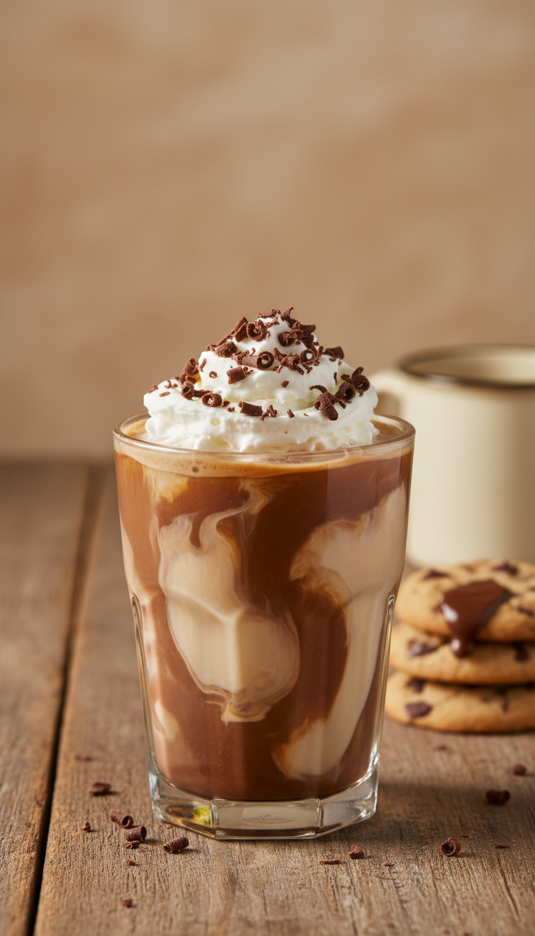 Iced coffee with chocolate vanilla swirls, whipped cream, chocolate shavings on rustic wood table with cookies. Sweet coffee.