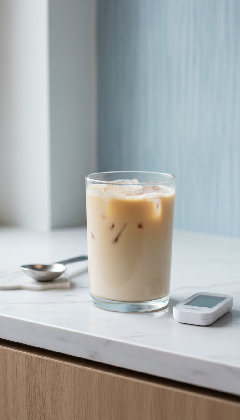 Iced coffee with oat milk, sugar-free syrup, ice in glass. White kitchen counter, calorie counter, measuring spoon. Healthy, refreshing.