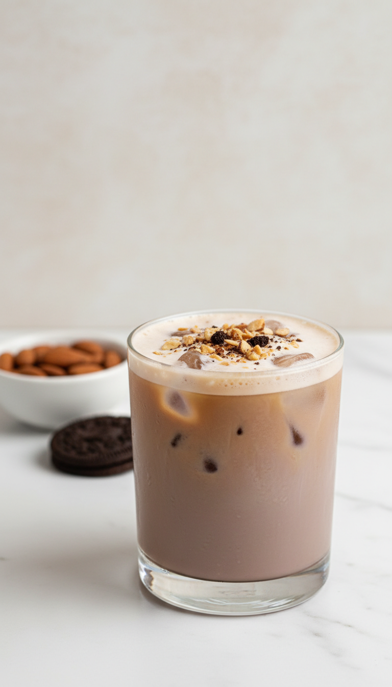 Iced coffee with unique color, cream, crushed nuts; served on white table with toasted almonds, dark cookie.