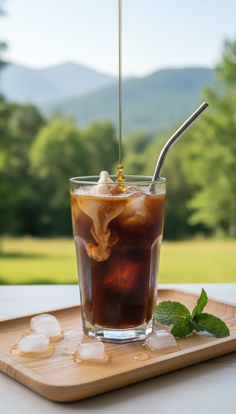 Homemade Cinnamon Coffee Syrup: Starbucks Copycat 13 Iced cold brew coffee with creamer and golden cinnamon syrup drizzling in a sweating glass on a wooden tray with mint.