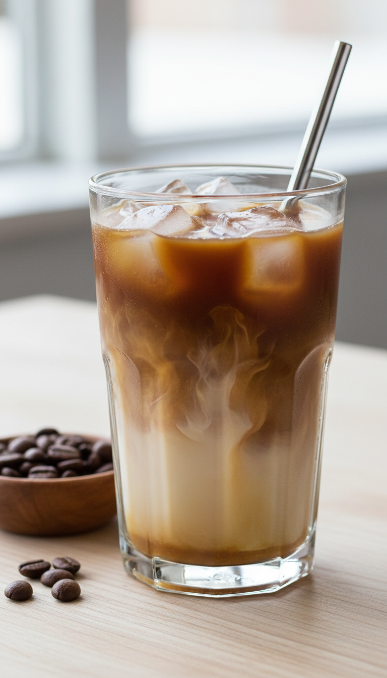 Homemade Sugar Cookie Coffee Syrup: Easy Starbucks Copycat 11 Iced cold brew coffee with sugar cookie syrup and half-and-half in a tall clear glass with ice, on a light wood counter.