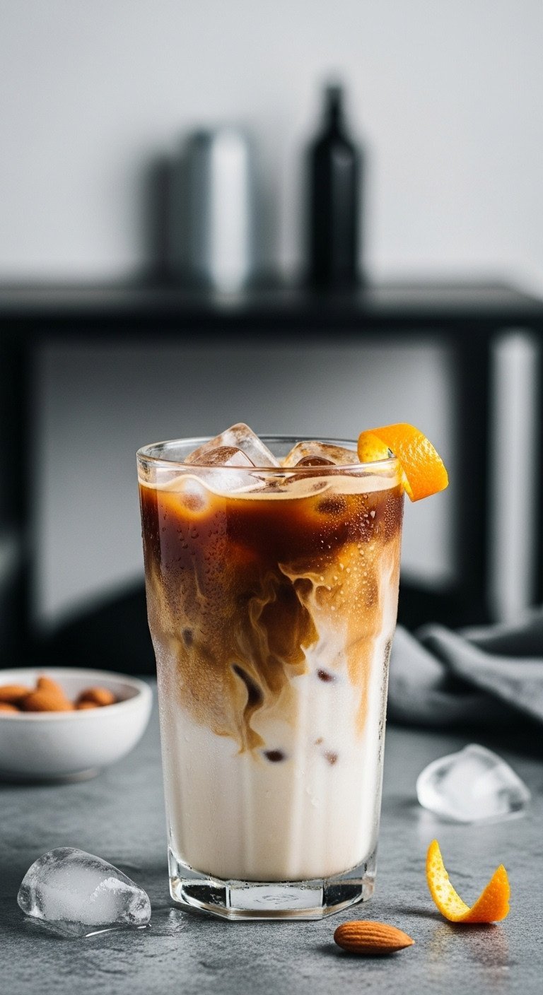 How To Make Adaptogen Coffee To Reduce Stress And Boost Focus 9 Iced cold brew coffee with swirling almond milk in a tall glass with an orange peel twist on a modern stone countertop.