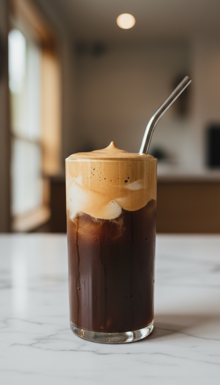 Iced cold brew coffee with thick, light brown sugar cream cold foam layers in a tall glass with a straw on marble. Cozy, refreshing coffee drink.