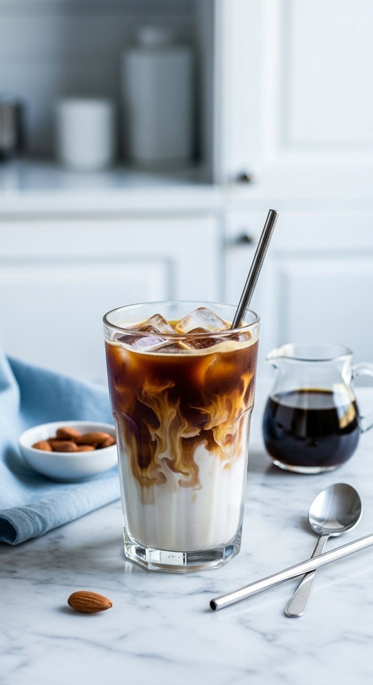 Iced collagen cold brew coffee with frothed almond milk, ice, and marbled cream patterns in sleek glass, marble counter.
