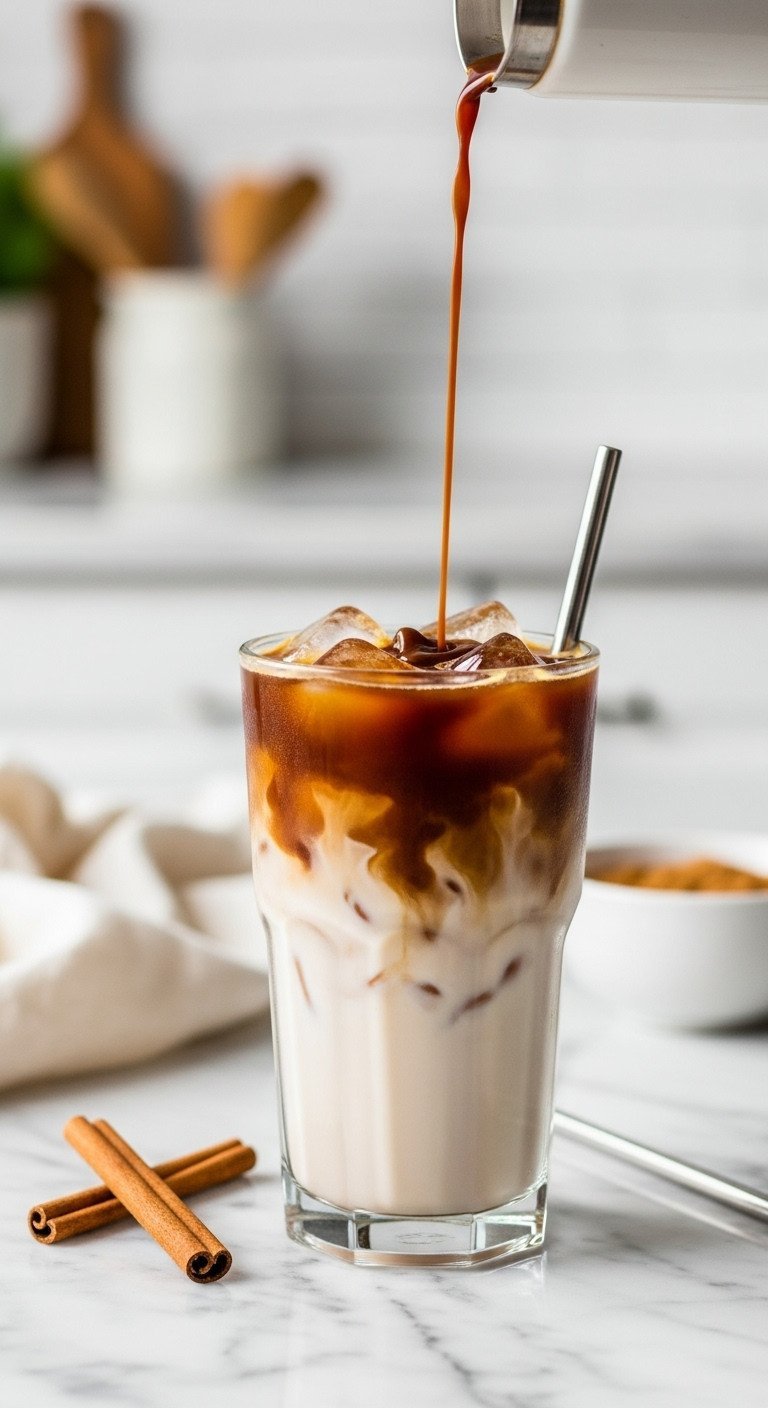 7 Genius Dirty Horchata Coffee Recipes And Perfect Ratios 1 Iced dirty horchata coffee layered with cold brew and creamy horchata, ice, cinnamon sticks, steel straw on marble counter.