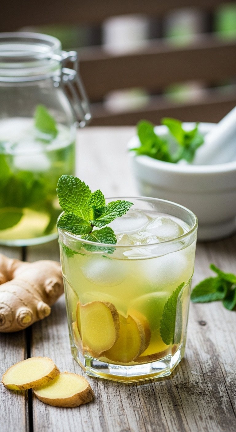 13 Perfect Green Tea Recipes Iced Matcha And No Bitterness 5 Iced green tea with fresh mint leaves and rustic ginger slices in a glass on a wooden table, refreshing summer beverage.