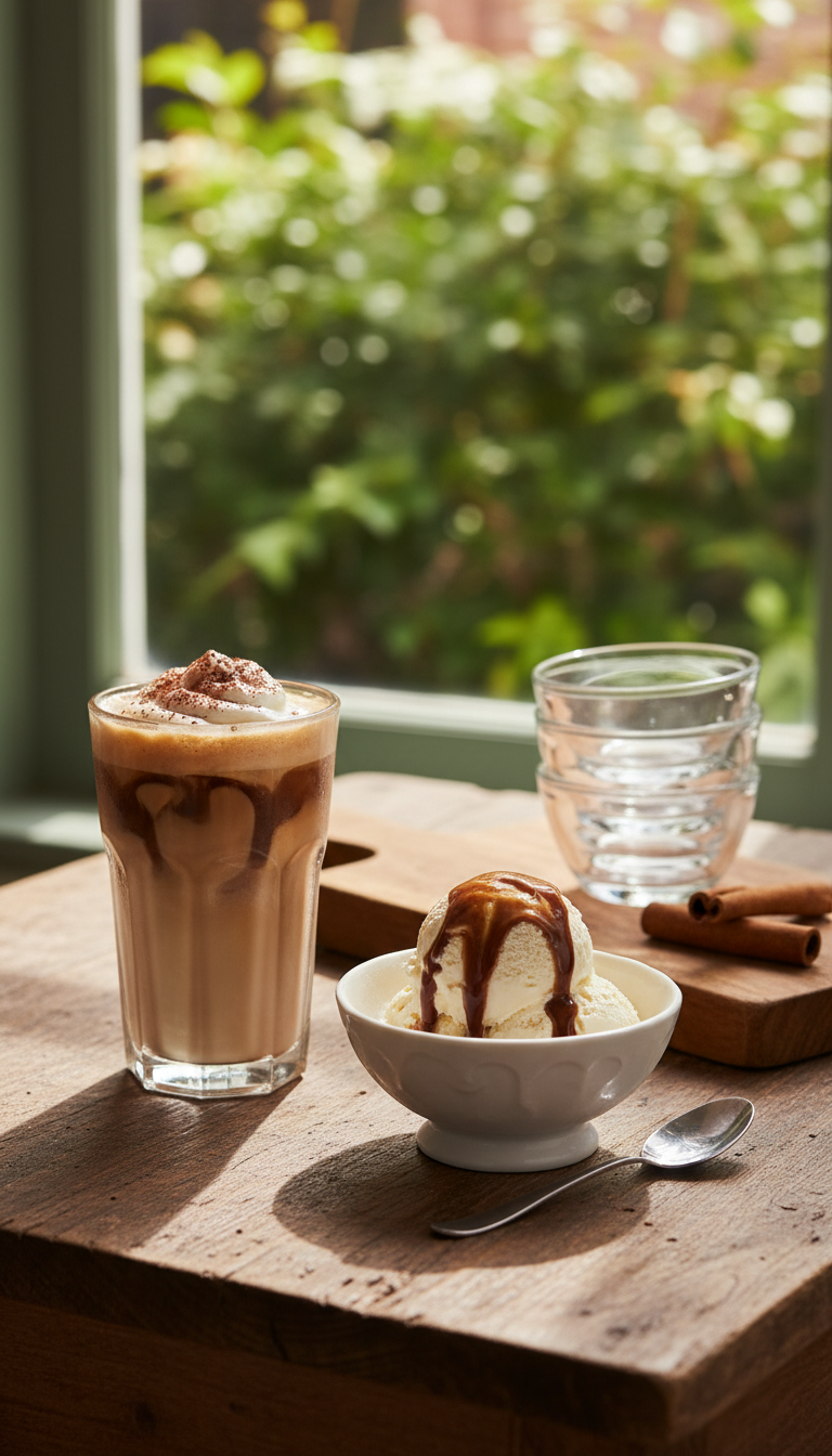 Homemade Mocha Syrup for Rich Iced Coffee Drinks 17 Iced mocha latte and vanilla ice cream with mocha syrup, demonstrating versatile uses on a rustic table.