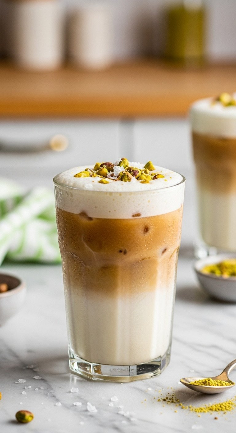5 Genius Iced Pistachio Latte Secrets Buttery Flavor 9 Iced pistachio latte in tall glass with cold foam, chopped pistachios, sea salt flakes on marble counter. Elegant drink.
