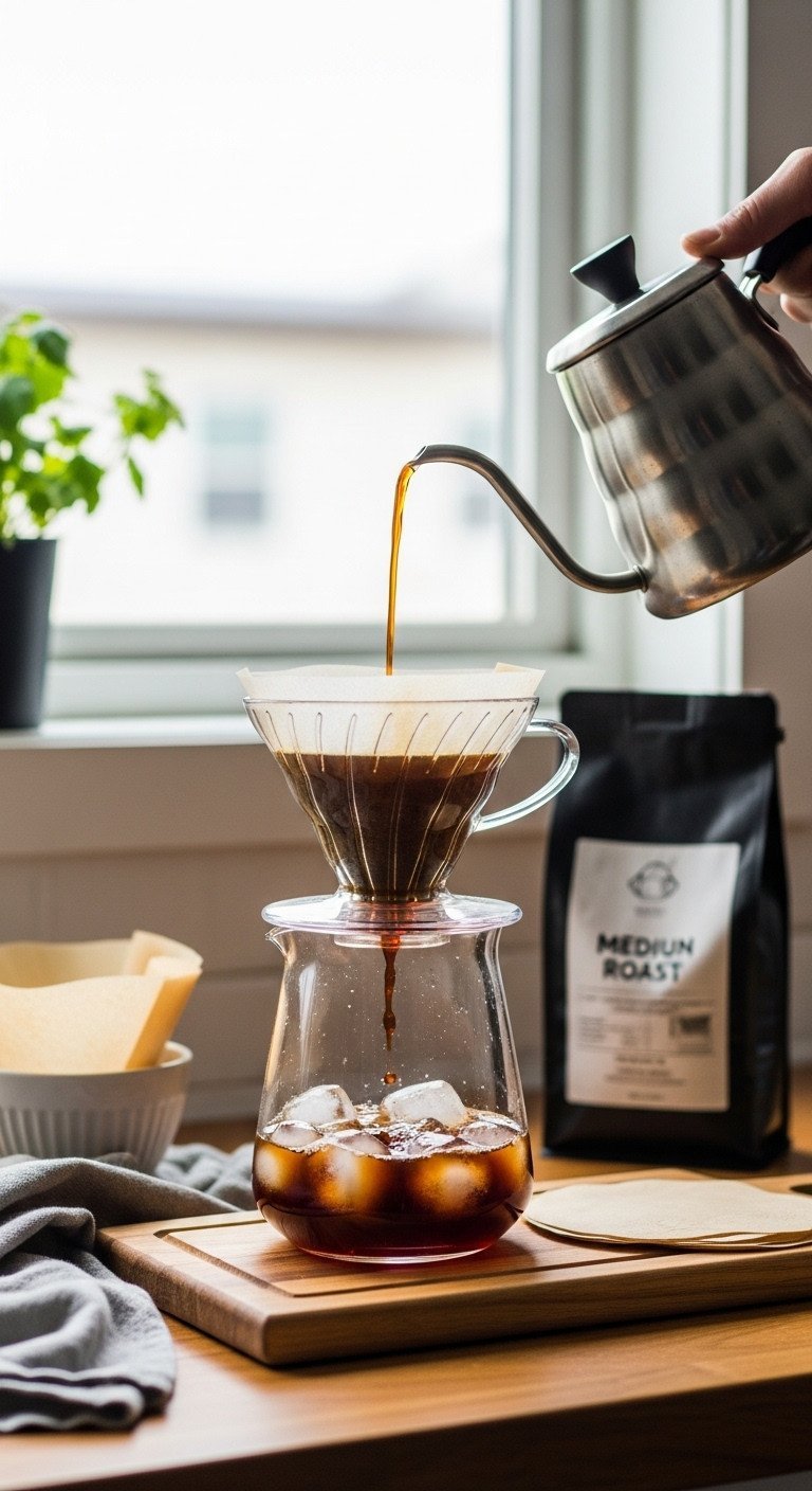 9 Genius Coffee Recipes To Master Lattes And Save Money 17 Iced pour-over coffee setup with dark coffee dripping into ice-filled glass on a natural wooden countertop.