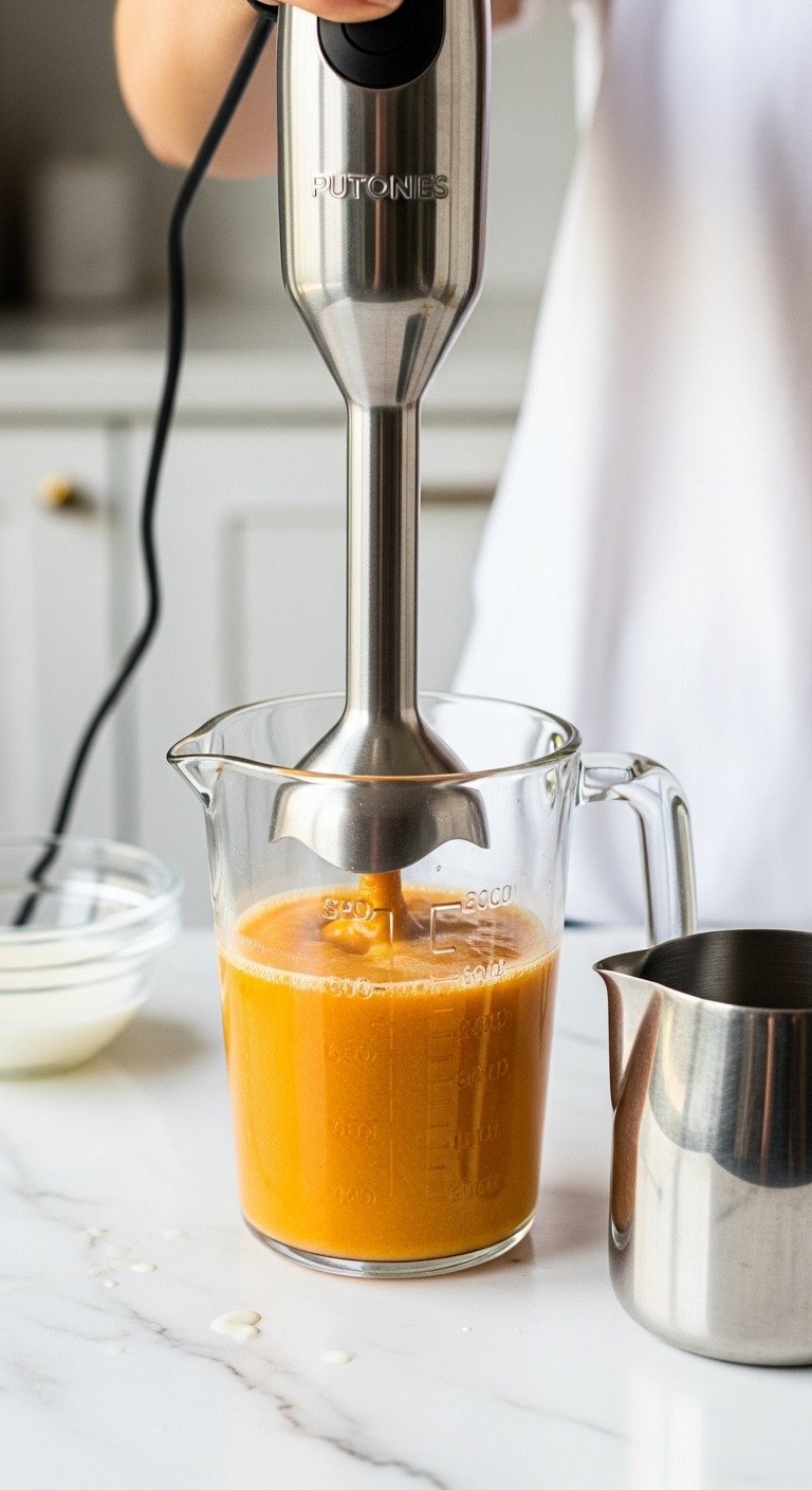Pumpkin Spice Latte Master The 7 Step Real Recipe 3 Immersion blender blends warm pumpkin base with milk into a smooth orange liquid in a measuring cup on a white marble counter. Clean kitchen.