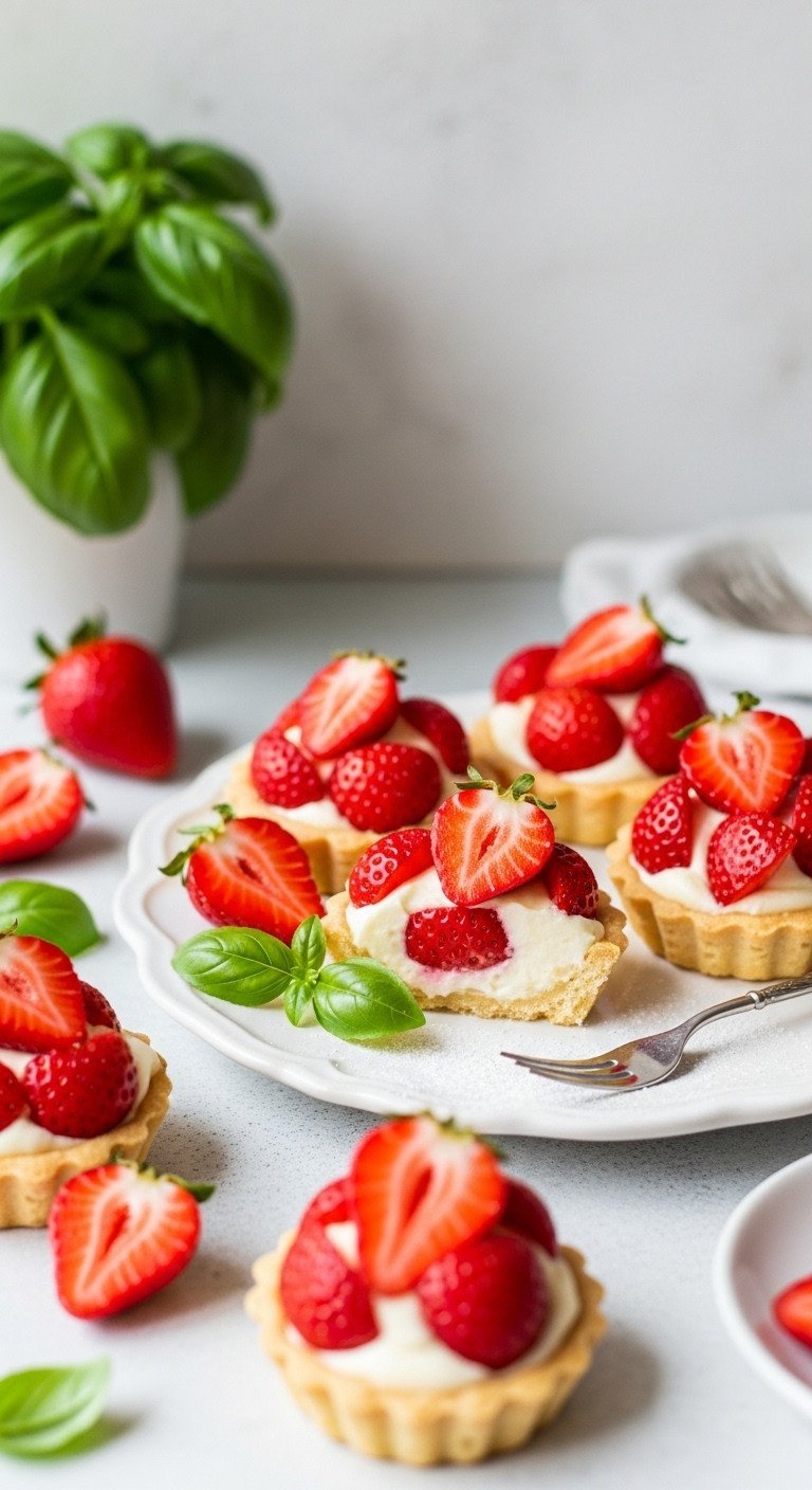 Individual strawberry & cream tartlets: bright red slices over vanilla pastry cream in golden shells on a white platter.