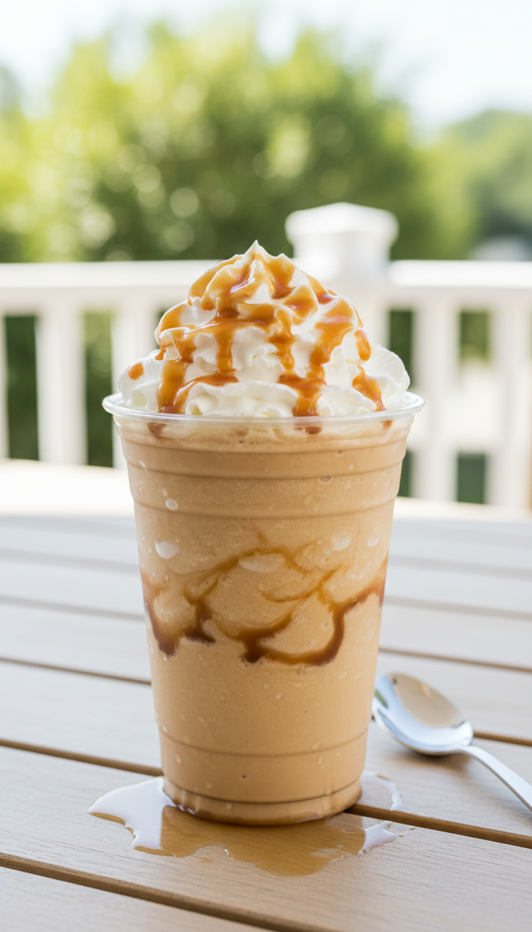 Indulgent Dunkin' Butter Pecan Frozen Coffee, blended with whipped cream, caramel drizzle, in clear cup on a bright patio.