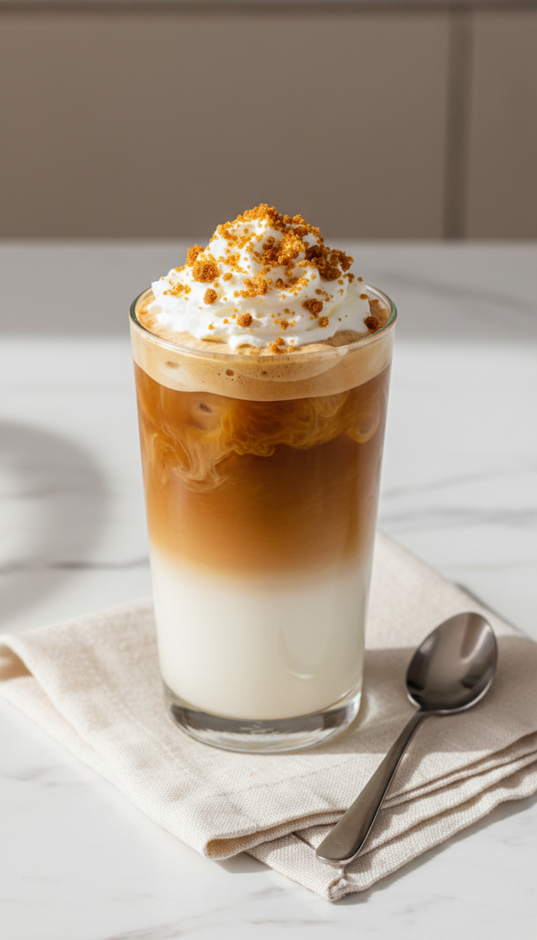 Indulgent iced Dunkin Cookie Butter Signature Latte with whipped cream, brown sugar cookie crumbles, silver spoon, linen napkin.