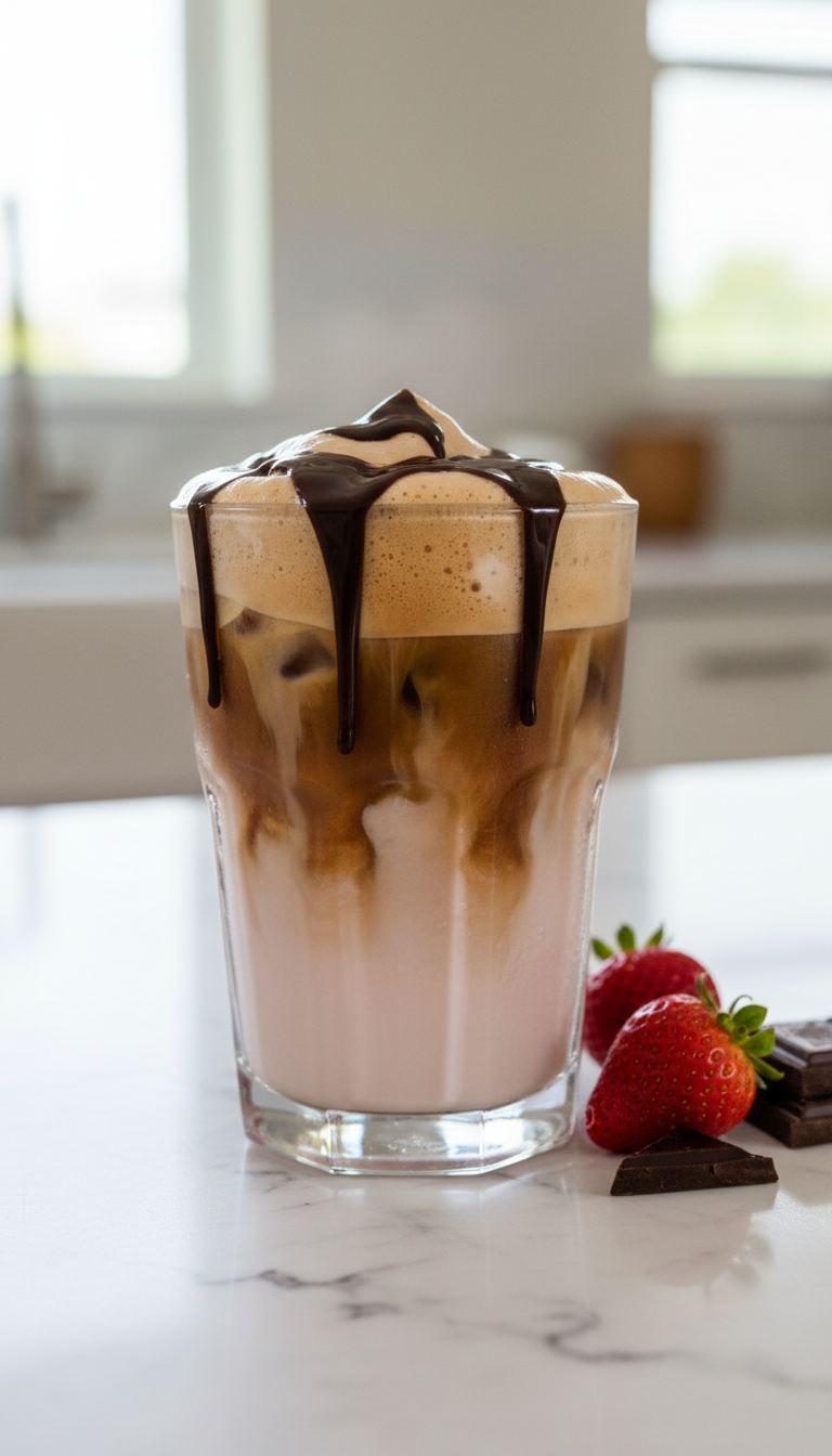 Dunkin Iced Coffee Ideas 7 Must Try Custom Drinks 1 Indulgent iced coffee with mocha swirl, creamy pink base, cold foam, and chocolate drizzle in clear glass, on marble with strawberries.