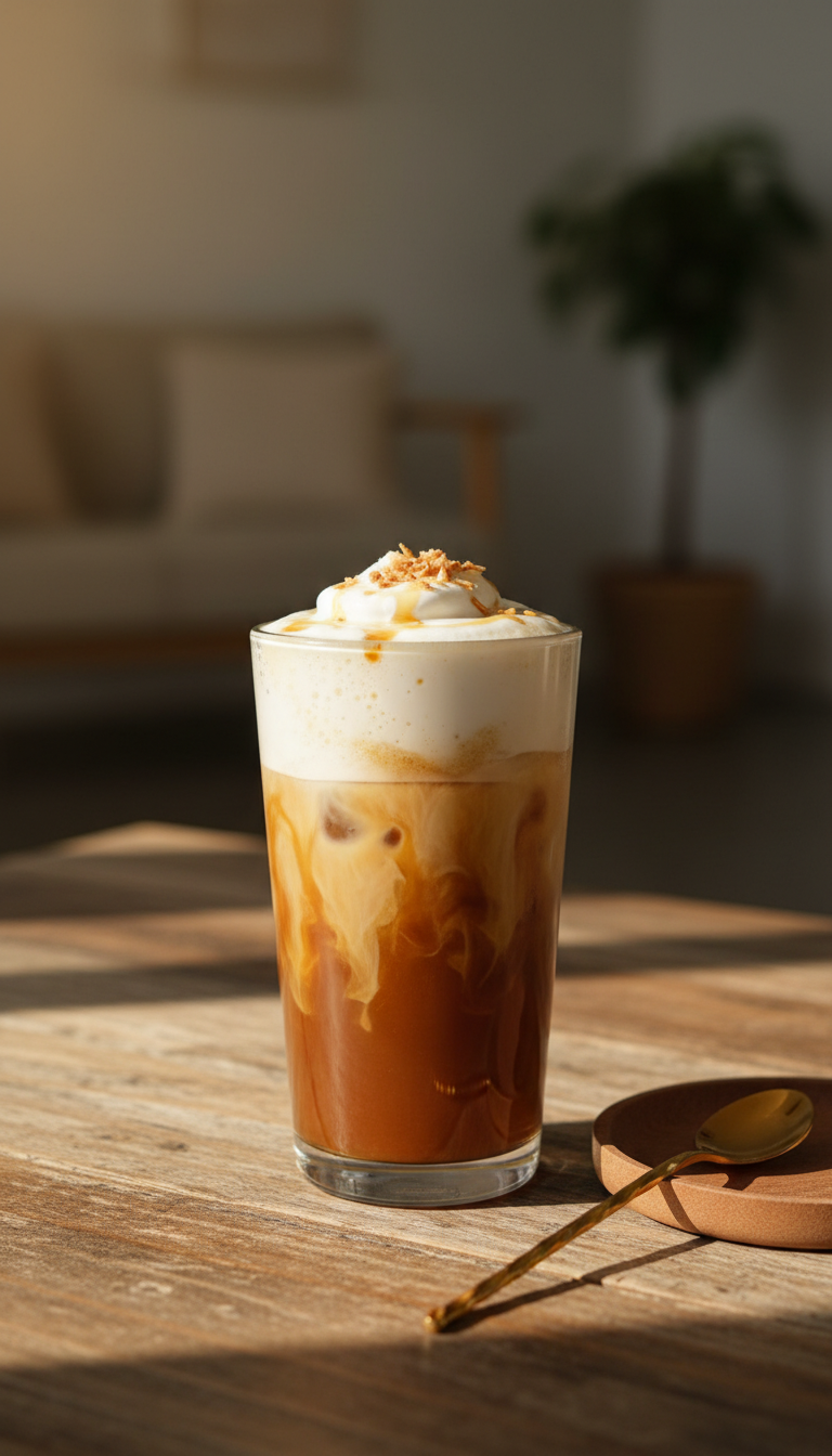 Dunkin' Coconut Iced Coffee: 5 Essential Order Hacks 5 Indulgent layered caramel coconut iced coffee with cold foam, elegant utensils on rustic wooden table. Cozy golden hour.