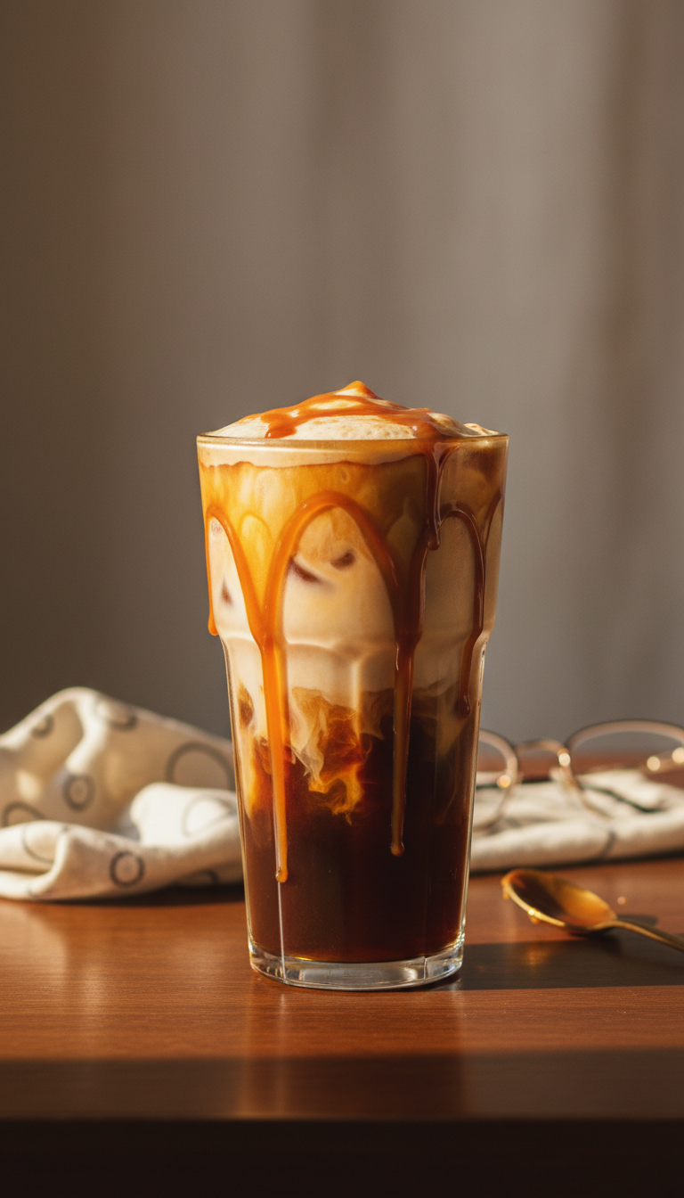 Indulgent viral Dunkin' iced coffee, layered with coffee, cream, and rich butter pecan caramel drizzle inside the cup.