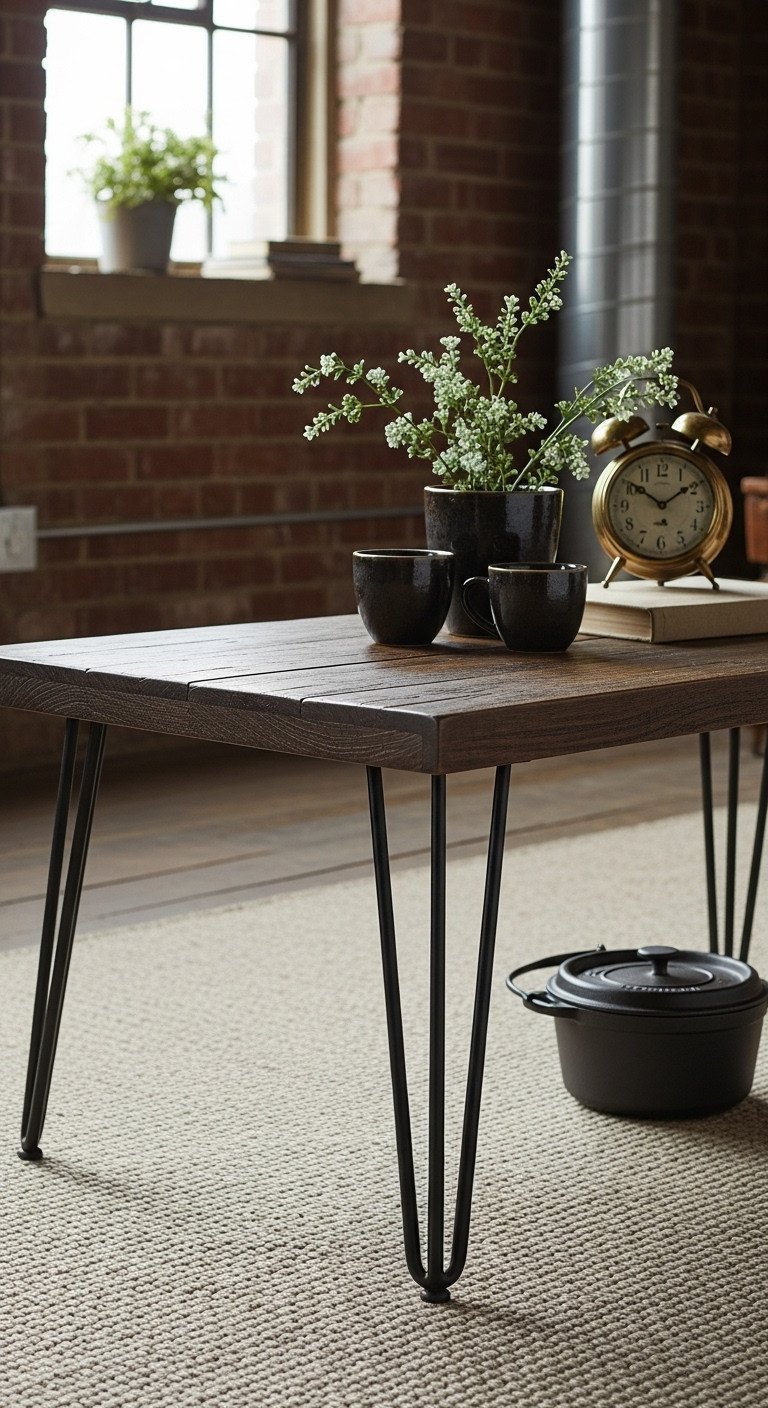 Find Stunning Mid-Century Modern Coffee Tables for Your Home 15 Industrial MCM coffee table with distressed wood top, black hairpin legs, loft-style living room.