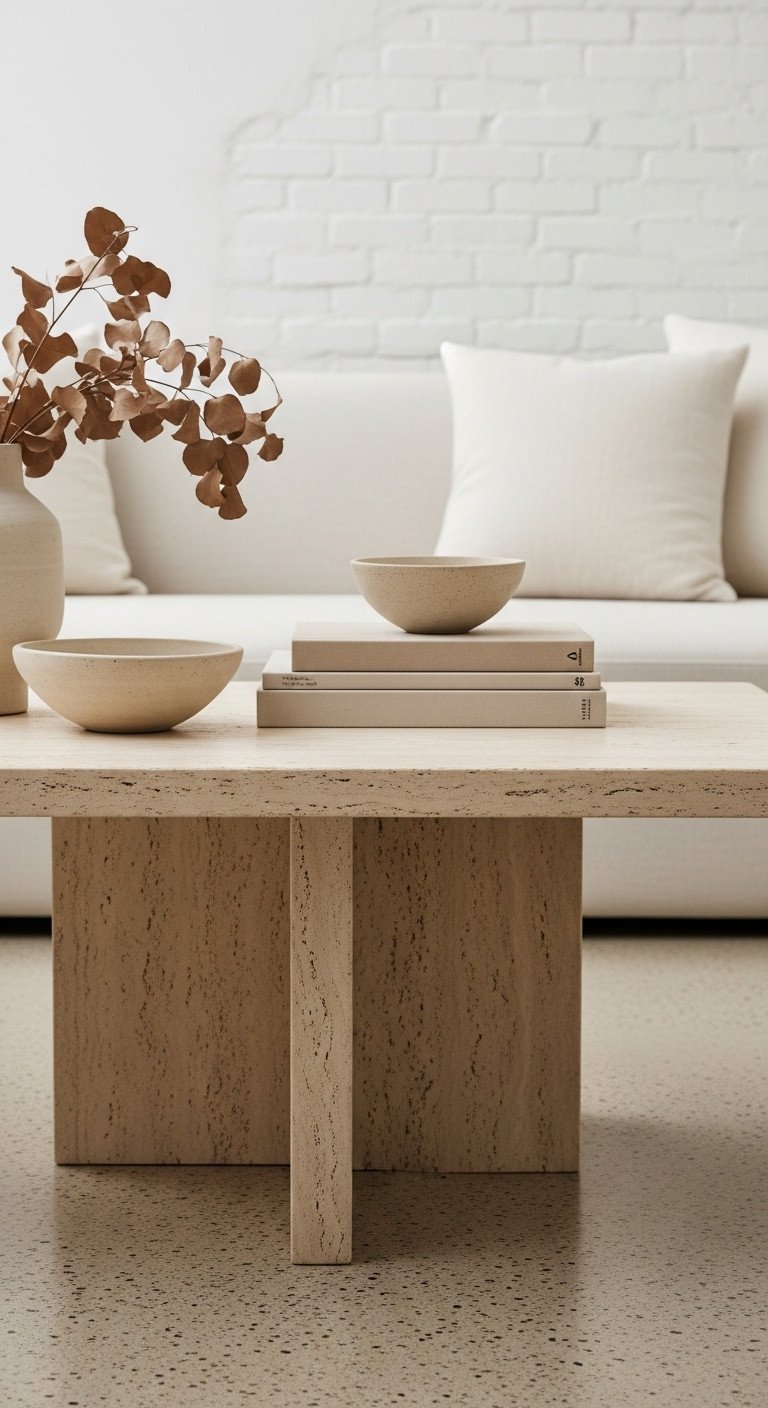 Curated Luxury Coffee Tables Finest Materials Unique Designs 7 Industrial chic Travertine coffee table, porous texture, earthy tones, on concrete in a bright, minimalist living space.