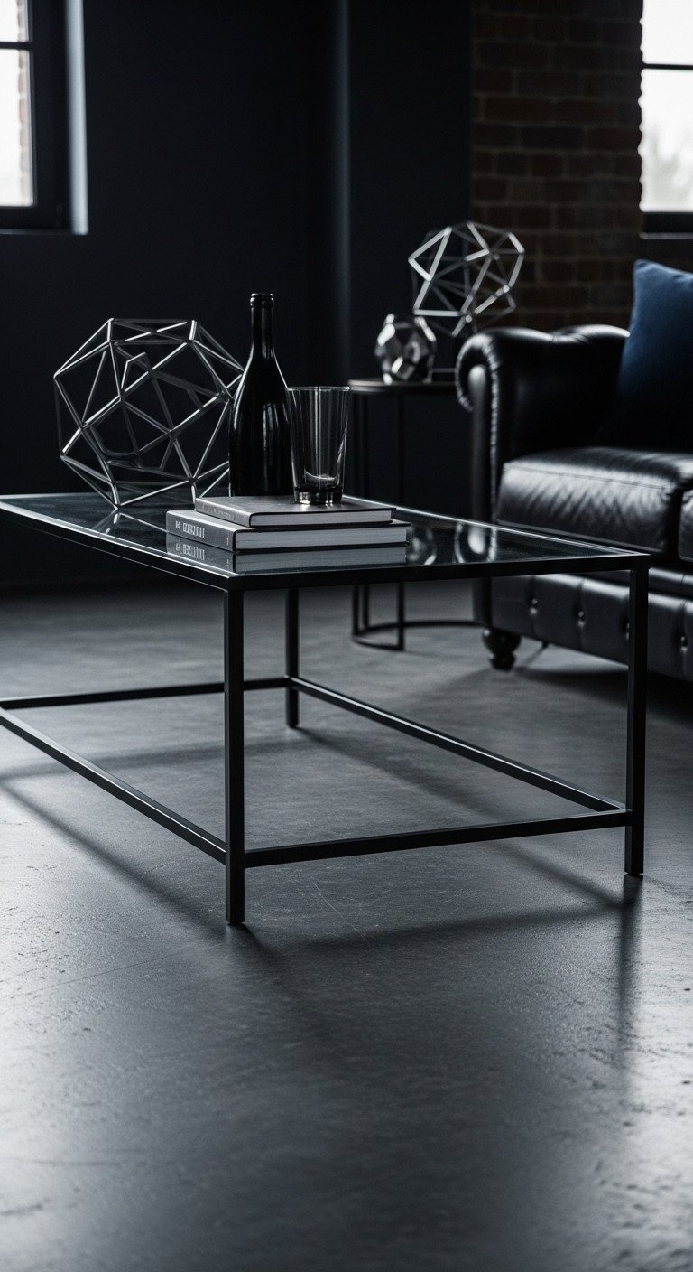 Industrial-chic low coffee table: black metal, glass top. Minimalist design, concrete, metallic accents. Durable, black, gray tones.
