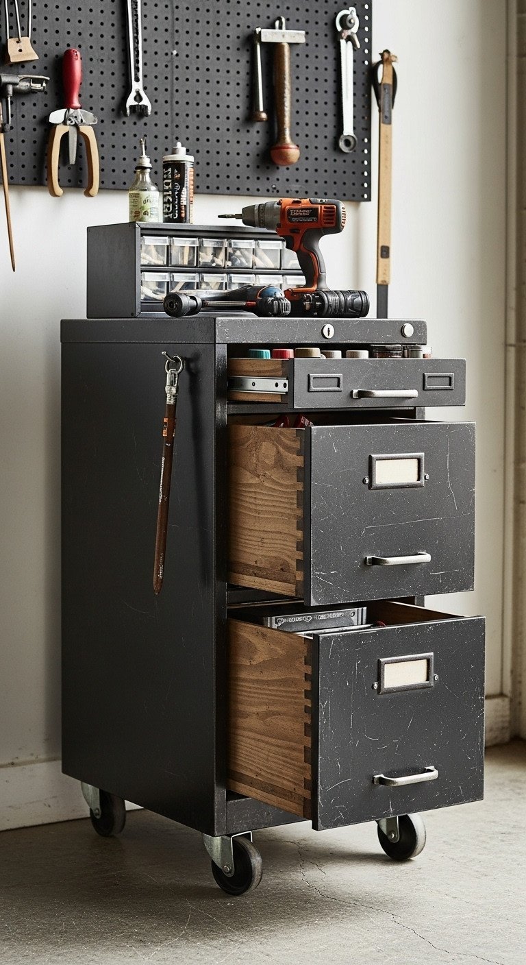 Industrial-chic metal filing cabinet upcycled for workshop storage with matte black paint, caster wheels, and neatly labeled drawers.