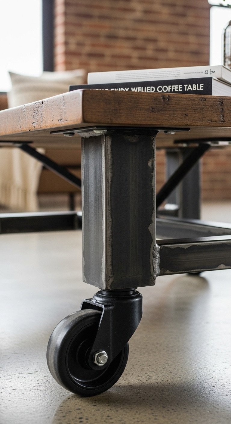 Industrial coffee table with heavy-duty locking swivel casters, angle iron base, and rustic reclaimed wood top.