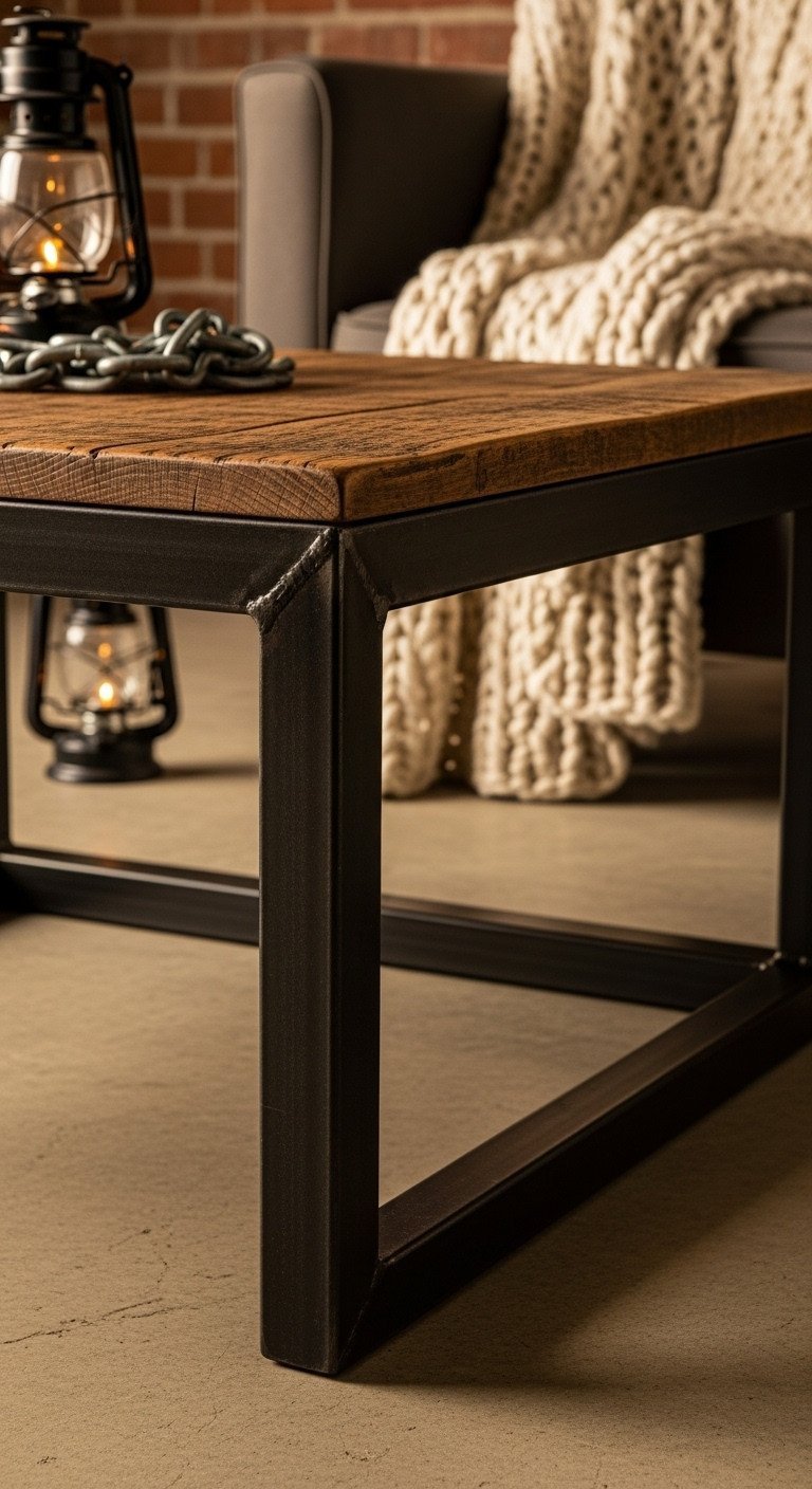 Industrial custom coffee table, dark reclaimed wood top, black metal tube legs, textured grain, chain link, vintage lantern.