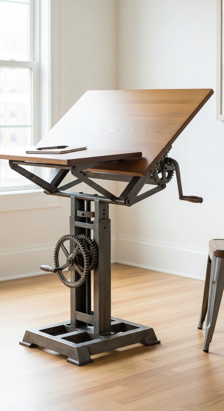 Industrial drafting table coffee table, crank adjustable height, tilting wood top, mechanical gears in urban living workspace.