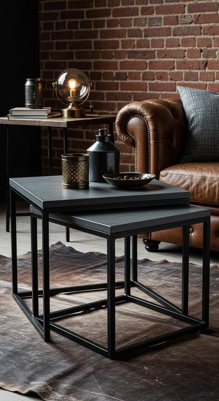 Industrial loft living room with rugged square concrete nesting coffee table, black metal frame, and distressed leather rug.