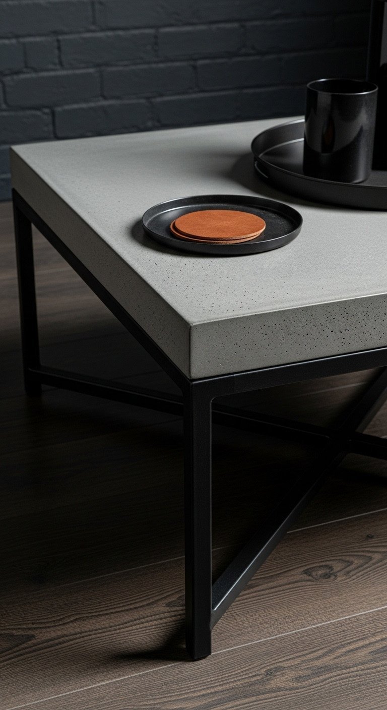 Industrial modern coffee table featuring a raw concrete top and black metal legs, highlighting rugged sophistication in a dark setting.