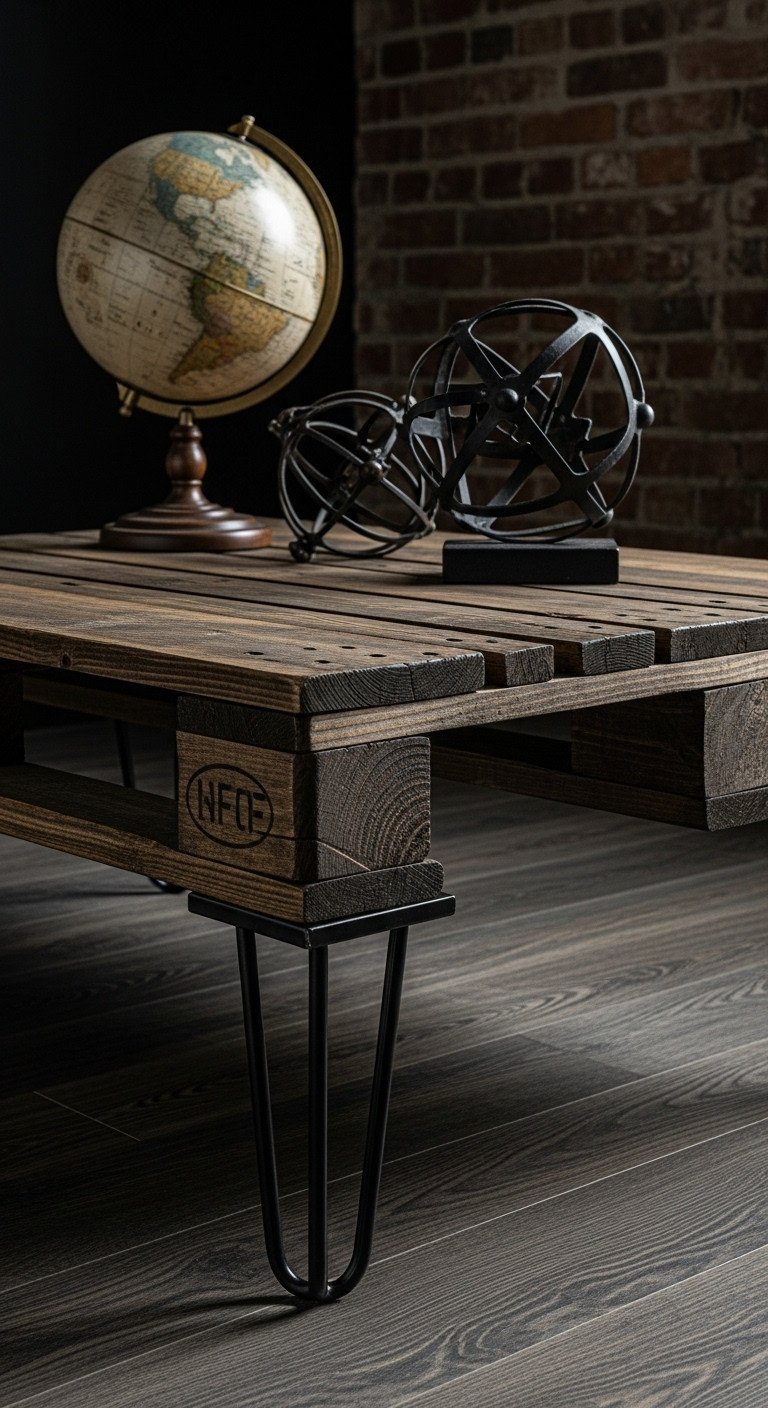 7 Genius Pallet Wood Coffee Table Ideas For Easy DIY 7 Industrial pallet coffee table, dark distressed wood, black metal legs. Globe, sculpture; dark floor, brick wall. Elegant grays, black, browns.