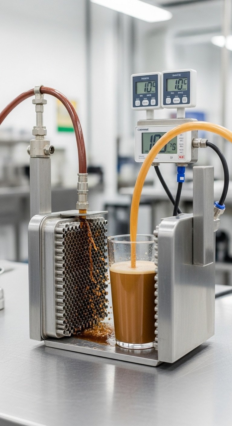 Industrial rapid chilling: stainless steel heat exchanger cools brown liquid through clear tubing in a sterile lab.