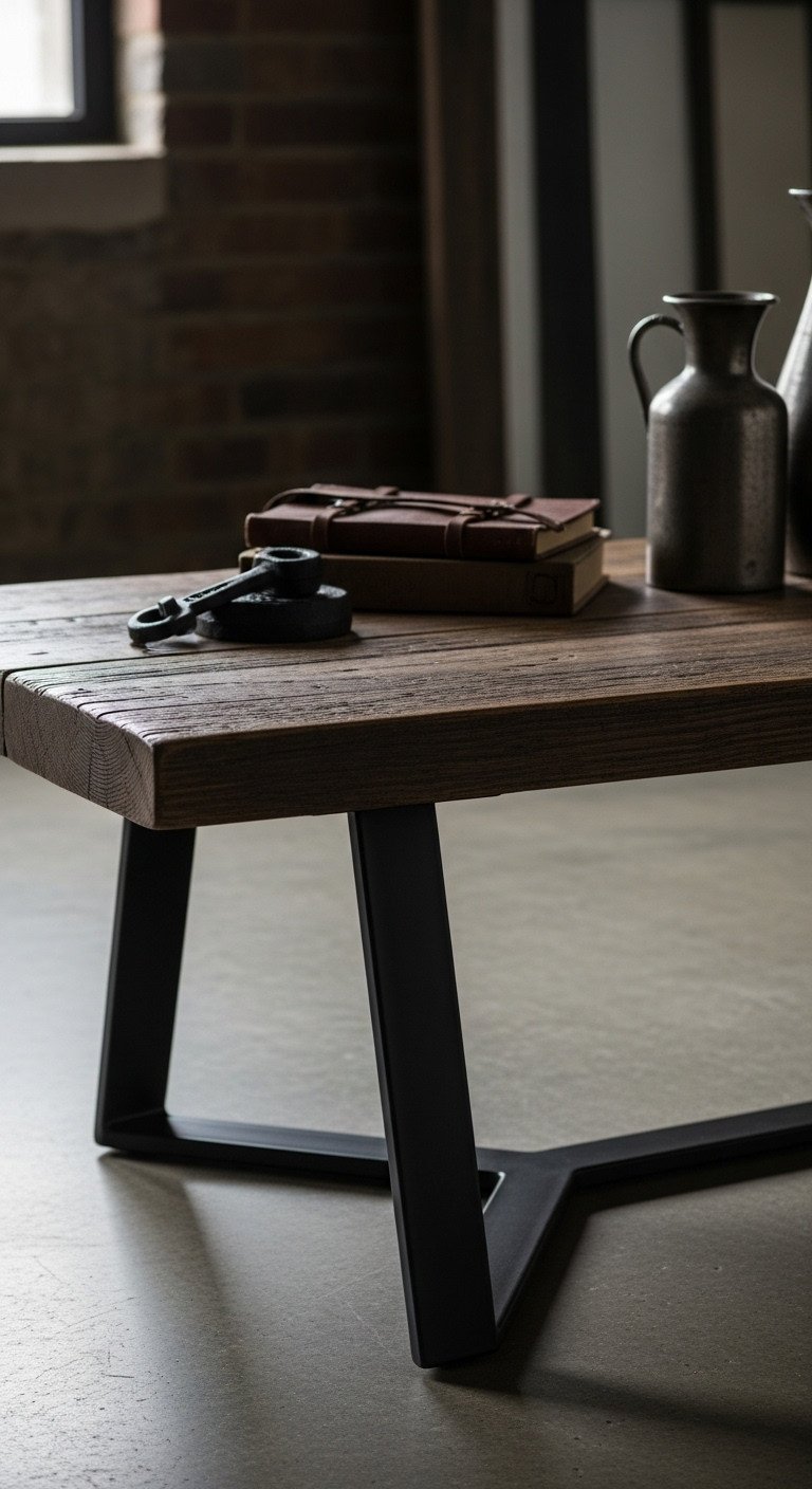 Industrial reclaimed wood coffee table features a dark timber top and sleek black angular metal legs on a concrete floor.